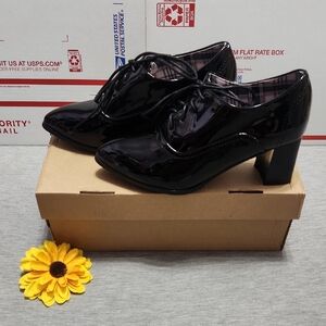 Chunky Heeled Point-Toe Lace-Up Winter Fall Oxfords Shoes Heels Booties Boots